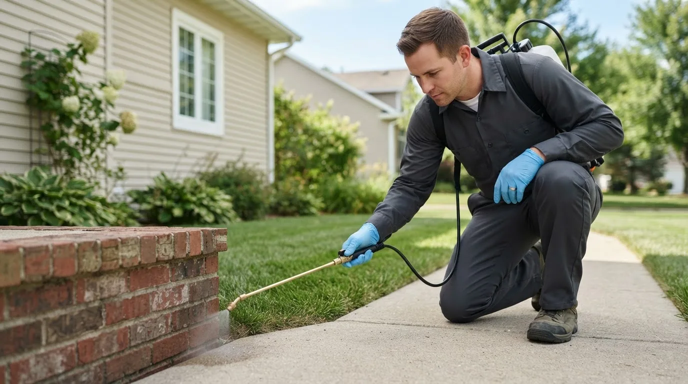 Pest control technician treating a home near Heyworth, IL