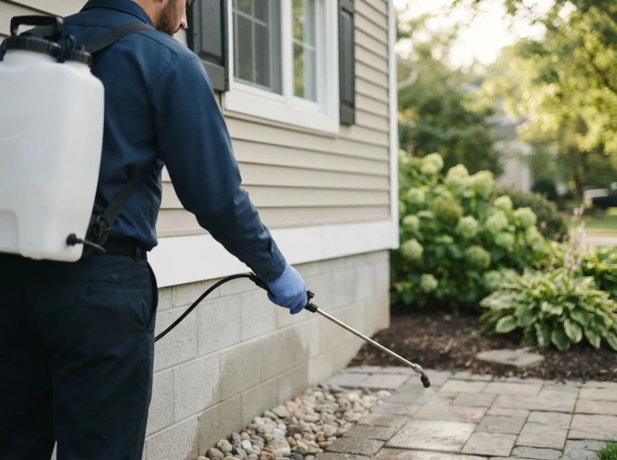 Pest control technician inspecting a home in Heyworth, IL